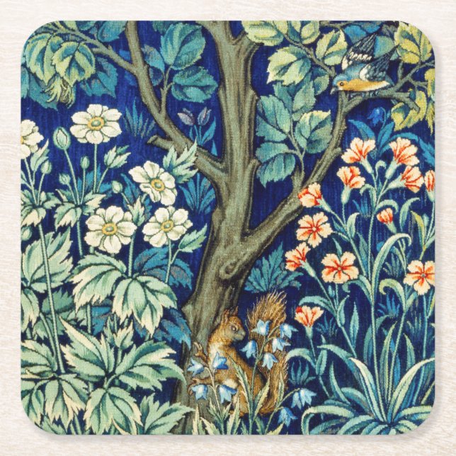 Animals and Flowers, Forest, William Morris Square Paper Coaster (Front)