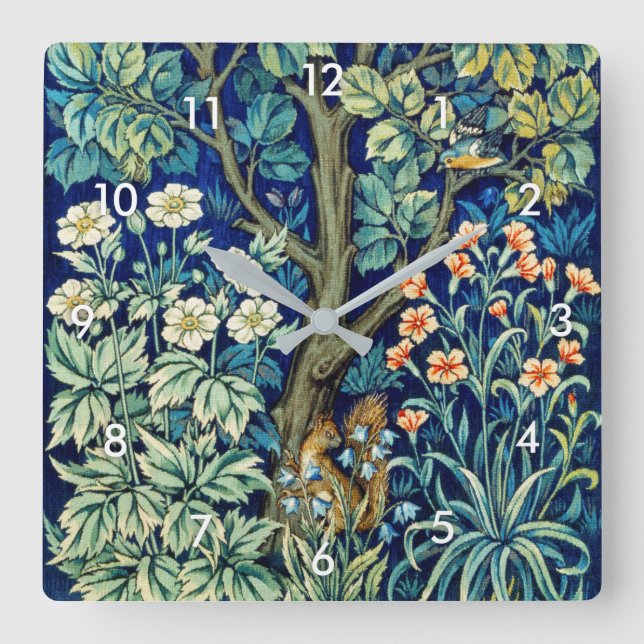 Animals and Flowers, Forest, William Morris Square Wall Clock (Front)