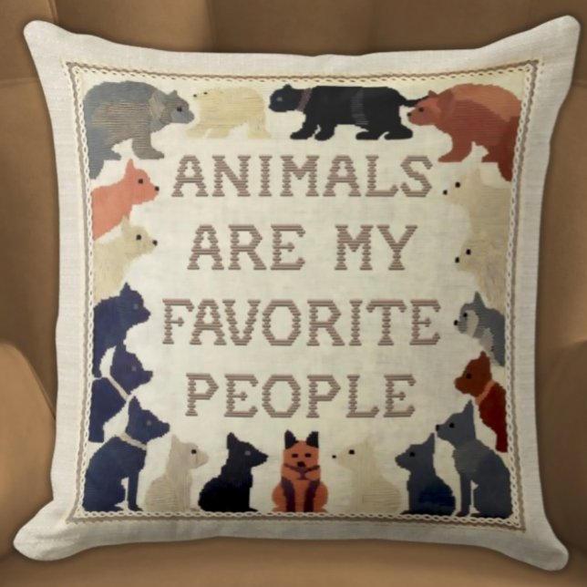 Animals Are My Favourite People - Funny Faux Stitc Cushion (Animals Are My Favorite People Funny Faux Needlepoint Stitched Pillow Neutral Colors Brick Red Navy )