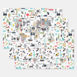 Animals Around the World Map Wrapping Paper Sheet