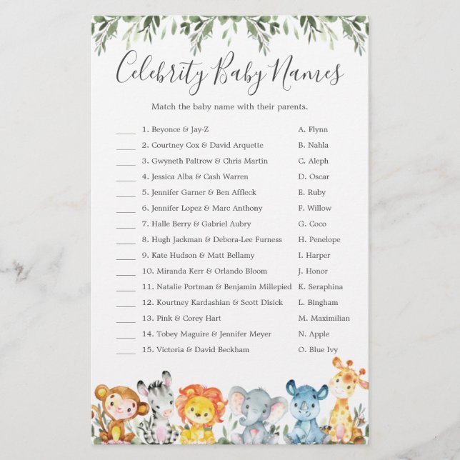 Animals Baby Shower Celebrity Baby Names Games (Front)