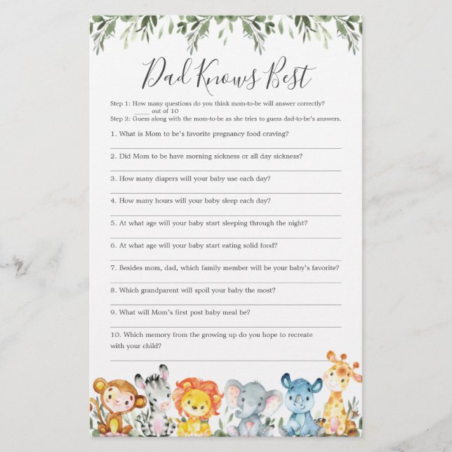 Animals Baby Shower Dad Knows Best Game (Front)