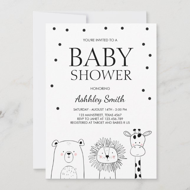 Animals Baby shower invite Zoo Safari Black Modern (Front)