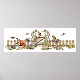 Animals Birds Bee Picket Fence Floral Garden  Poster