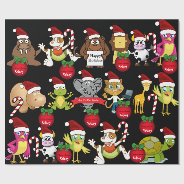 Animals Christmas w/Personalised Name Wrapping Paper (Flat)