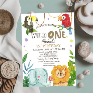 Animals Elephant Lion Birds Leaves 1st Birthday  Invitation