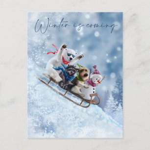 Animals go down the mountain on sleds holiday postcard