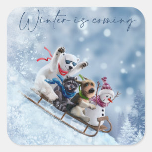 Animals go down the mountain on sleds square sticker