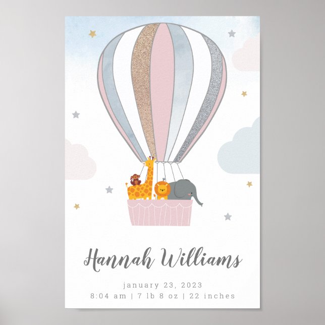 Animals Hot Air Balloon Personalised Birth Stats Poster (Front)