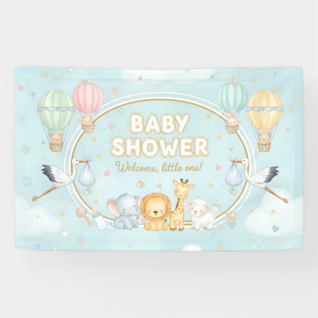 Animals Hot Air Balloons Clouds Cute Baby Shower  Banner (Horizontal)