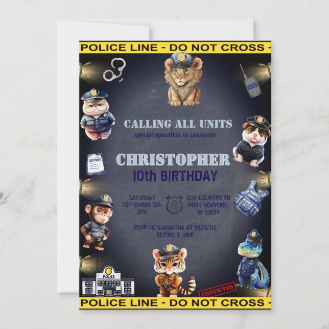 Animals in Police Uniform birthday Invitation (Front)