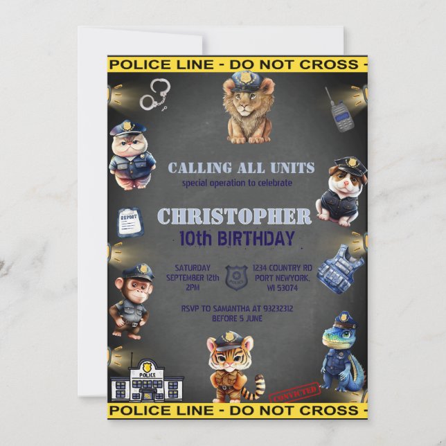 Animals in Police Uniform birthday Invitation (Front)