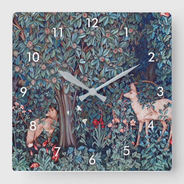Animals in The Forest, William Morris Square Wall Clock (Front)