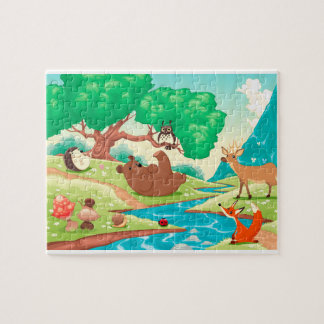 Animals in the wood. Cartoon landscape. Jigsaw Puzzle