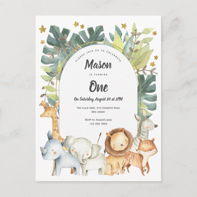 Animals, Jungle First birthday invite for toddler (Front)