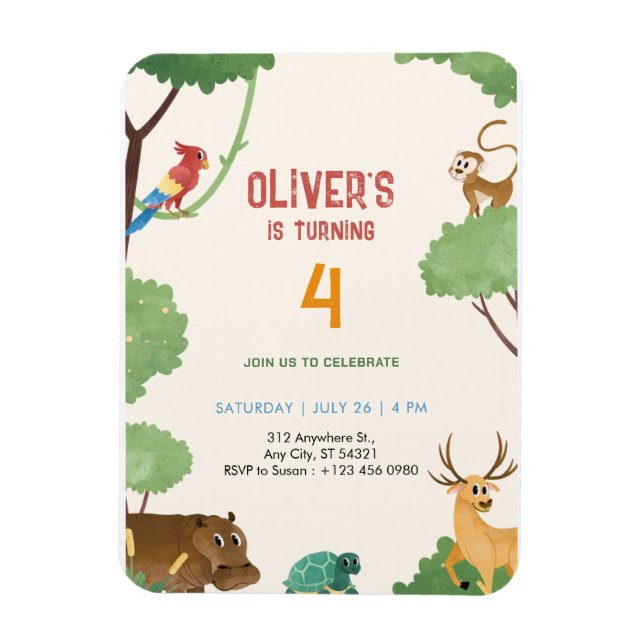 Animals Kingdom Jungle 4th Birthday Invitation   Magnet (Vertical)