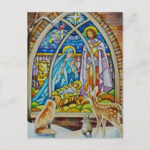 Animals & Nativity Stained Glass Watercolor Art Postcard