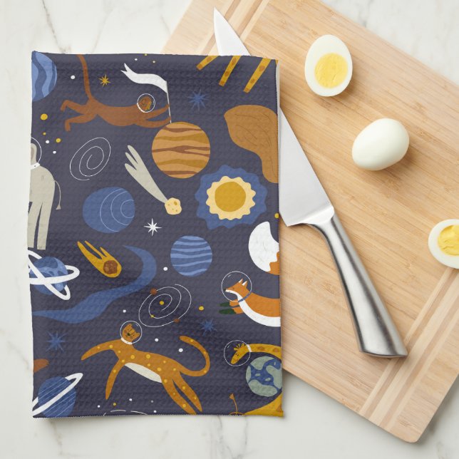 Animals Outer Space Kitchen Tea Towel (Quarter Fold)