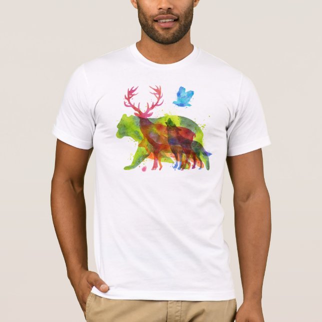 Animals Overprint Watercolors Loose Illustration T-Shirt (Front)