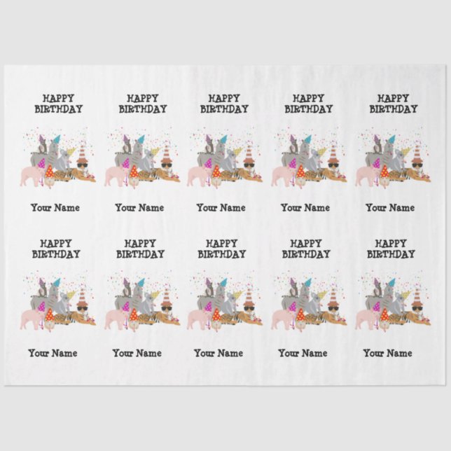 Animals Partying - Animals at Birthday Party Name Tissue Paper (Front)