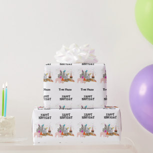 Animals Partying - Animals at Birthday Party Name Wrapping Paper
