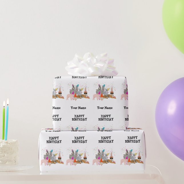 Animals Partying - Animals at Birthday Party Name Wrapping Paper (Party Gifts)