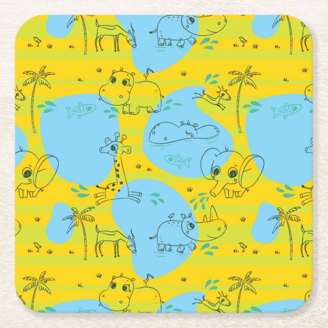 Animals playing baby pattern background square paper coaster (Front)