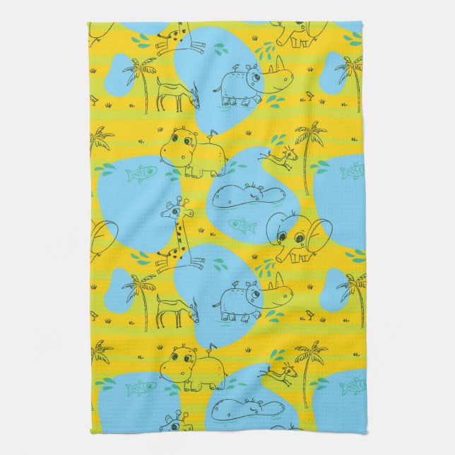 Animals playing baby pattern background tea towel (Vertical)