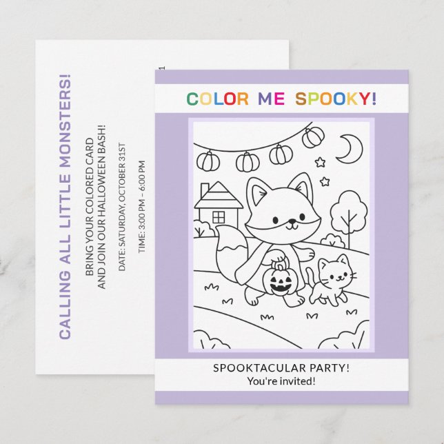Animals & Pumpkin Halloween Colouring Invitation Postcard (Front/Back)