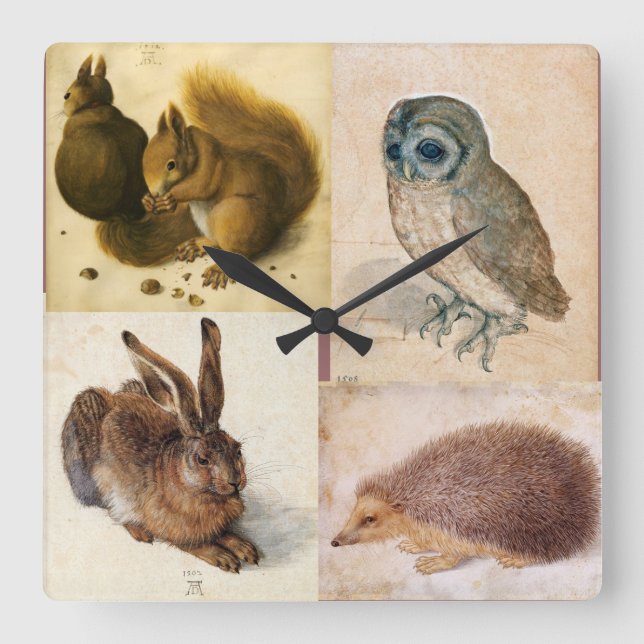 ANIMALS  / RABBIT ,OWL ,HEDGEHOG AND SQUIRRELS SQUARE WALL CLOCK (Front)
