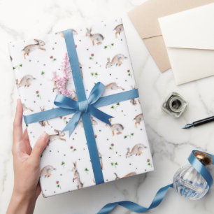 Animals rabbit white botanical clover pattern wrapping paper