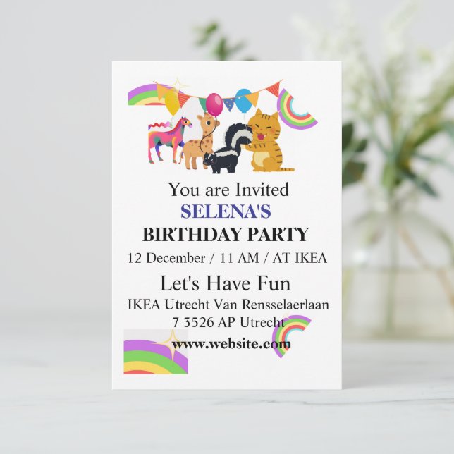 Animals & Rainbows Birthday Party Invitation (Standing Front)