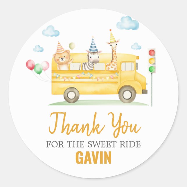 Animals School Bus Birthday Party Classic Round Sticker (Front)