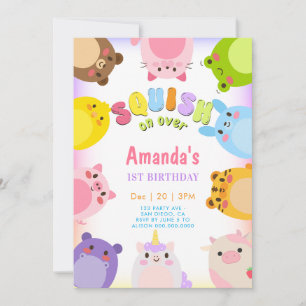 Animals Squish On Over rainbow Birthday Invitation