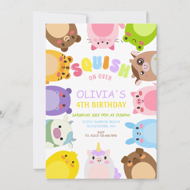 Animals Squish On Over rainbow  Birthday party Invitation (Front)