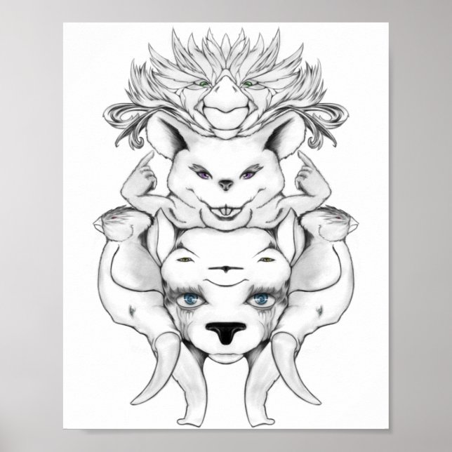 Animals totem black and white line art drawing poster (Front)