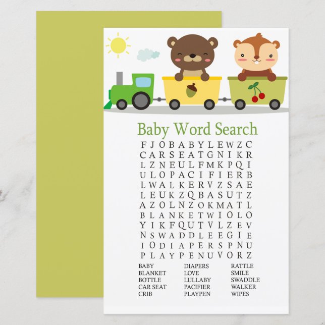 Animals train Baby Shower Word Search Game (Front/Back)