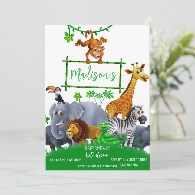 Animals Wild One Jungle greenery safari winter Invitation (Standing Front)