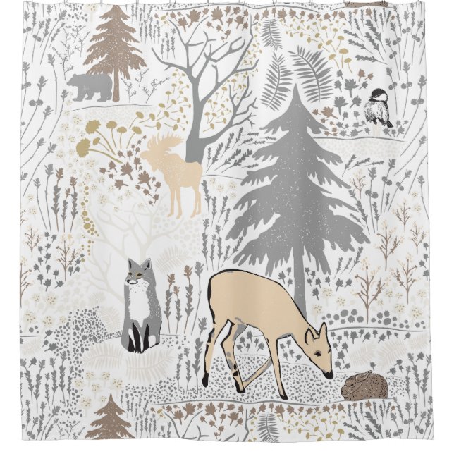 Animals Winter Forest Grey Neutrals Woodland Decor Shower Curtain (Front)