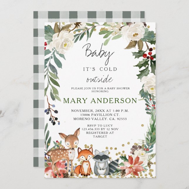 Animals Winter Forest Woodland Baby Shower Invitation (Front/Back)