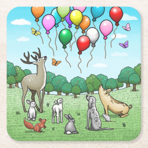 Animals with Birthday Balloons Square Paper Coaster