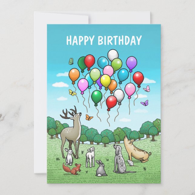 Animals with Colourful Balloons Birthday Card (Front)