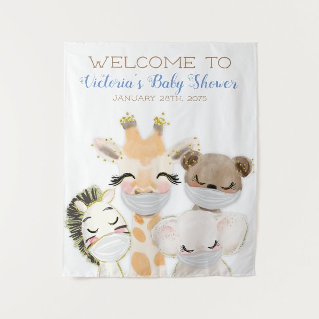 Animals With Mask Boy Baby Shower M Backdrop Tapestry (Front)