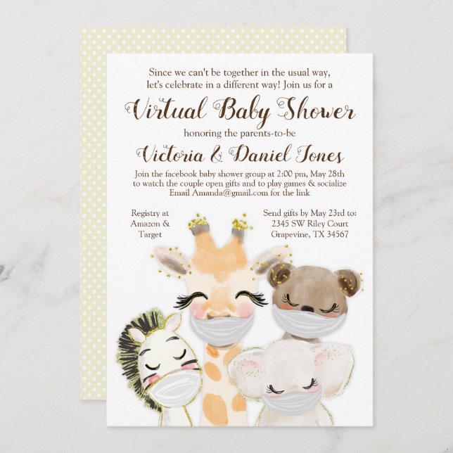 Animals with Masks Drive Through Covid Baby Shower Invitation (Front/Back)