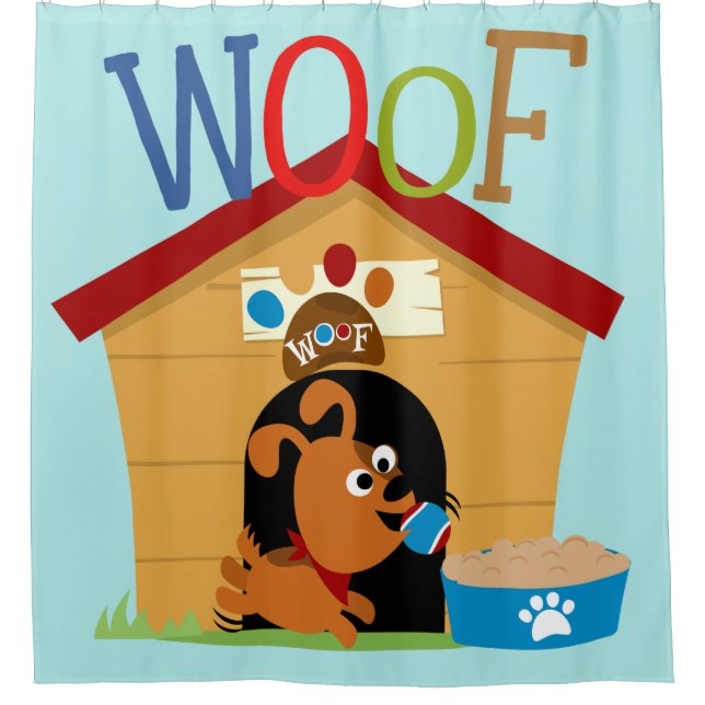 Animals Woof Dog in Doghouse Puppy Shower Curtain (Front)
