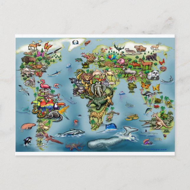Animals World Map Postcard (Front)