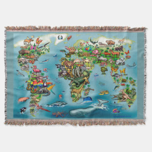 Animals World Map Throw Blanket