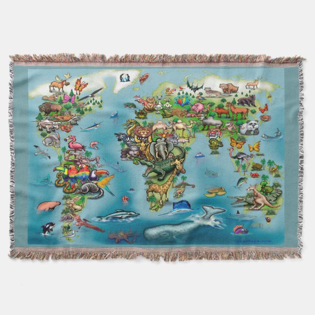 Animals World Map Throw Blanket (Front)