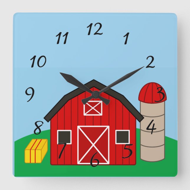 Animated Barn and Silo Square Wall Clock (Front)
