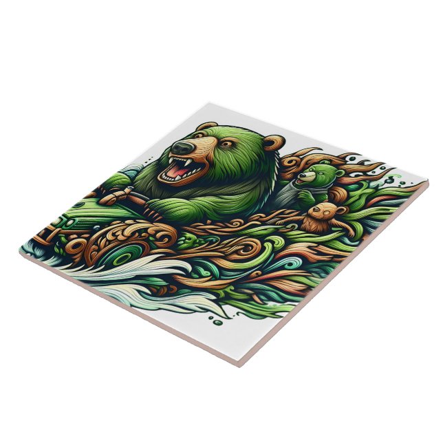 Animated Bears Riding a Green Car  Ceramic Tile (Side)